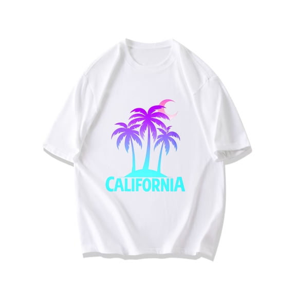 California Palm Tree Moon Print Black T-Shirt For Beach Vacation And Casual Wear
