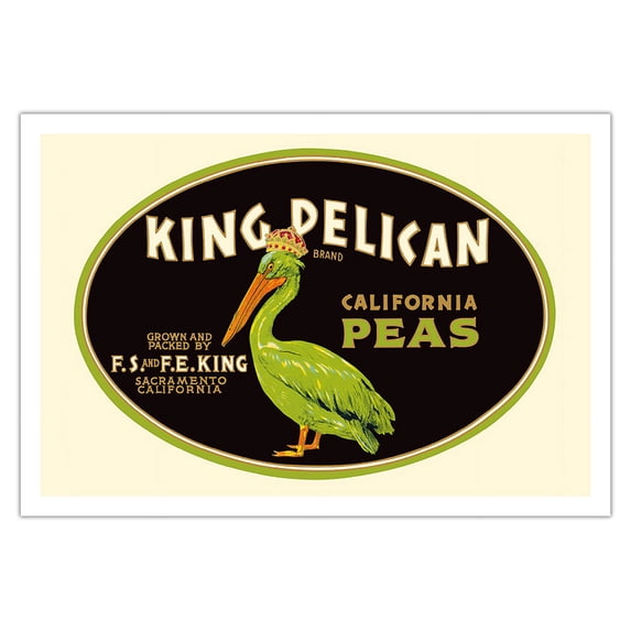 California Peas - King Pelican Brand - Vintage Fruit Crate Label c.1930s - Fine Art Matte Paper Print (Unframed) 30x44in