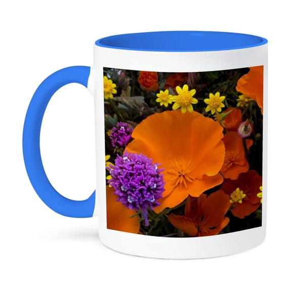 3dRose, California Poppies, Owls Clover, and Goldfields, California, USA, 11oz Two-Tone Blue Mug