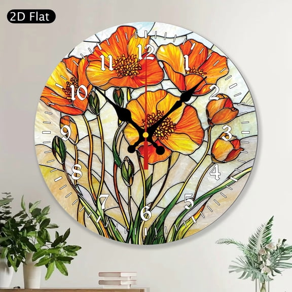 California Poppy Antelope Valley California Flowers Faux Stained Glass Style Round Wall Clock Poppy Lover Gift Gift For Her Birth Month Flower