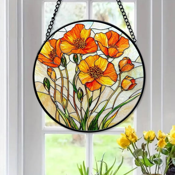 California Poppy, Antelope Valley - California Flowers Faux Stained Glass Suncatcher, Poppy Lover Gift, Gift For Her, Birth Month Flower