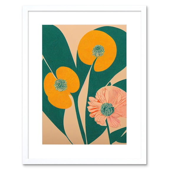 California Poppy Flower Blooms Turquoise Leaves Bright Artwork Framed Wall Art Print 9X7 Inch