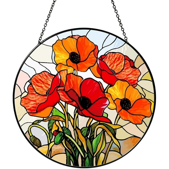 California Poppy Forest Sun Catcher Stained Glass Window Hanging Flower Lover Gifts for Women Red Poppy Wall Decor Handmade Suncatcher Decoration for Home Garden Housewarming Gifts