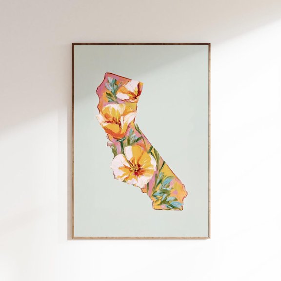 California Poppy Map State Flower Art, Unframed Poster