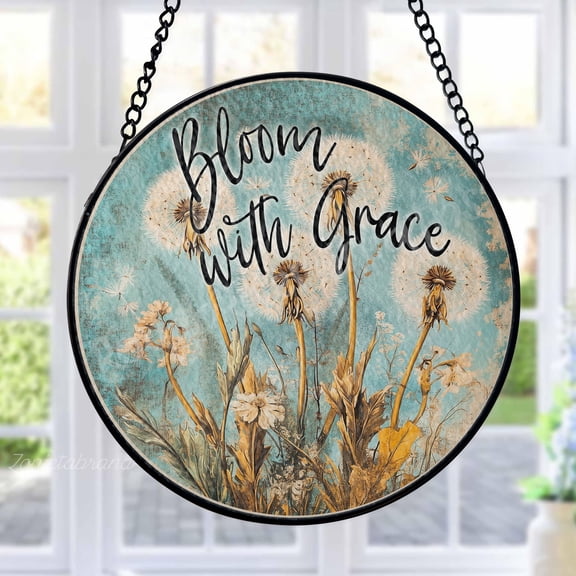 Dandelion Stained Glass Suncatcher Metal Outdoor Decor Vintage Botanical Distressed Teal