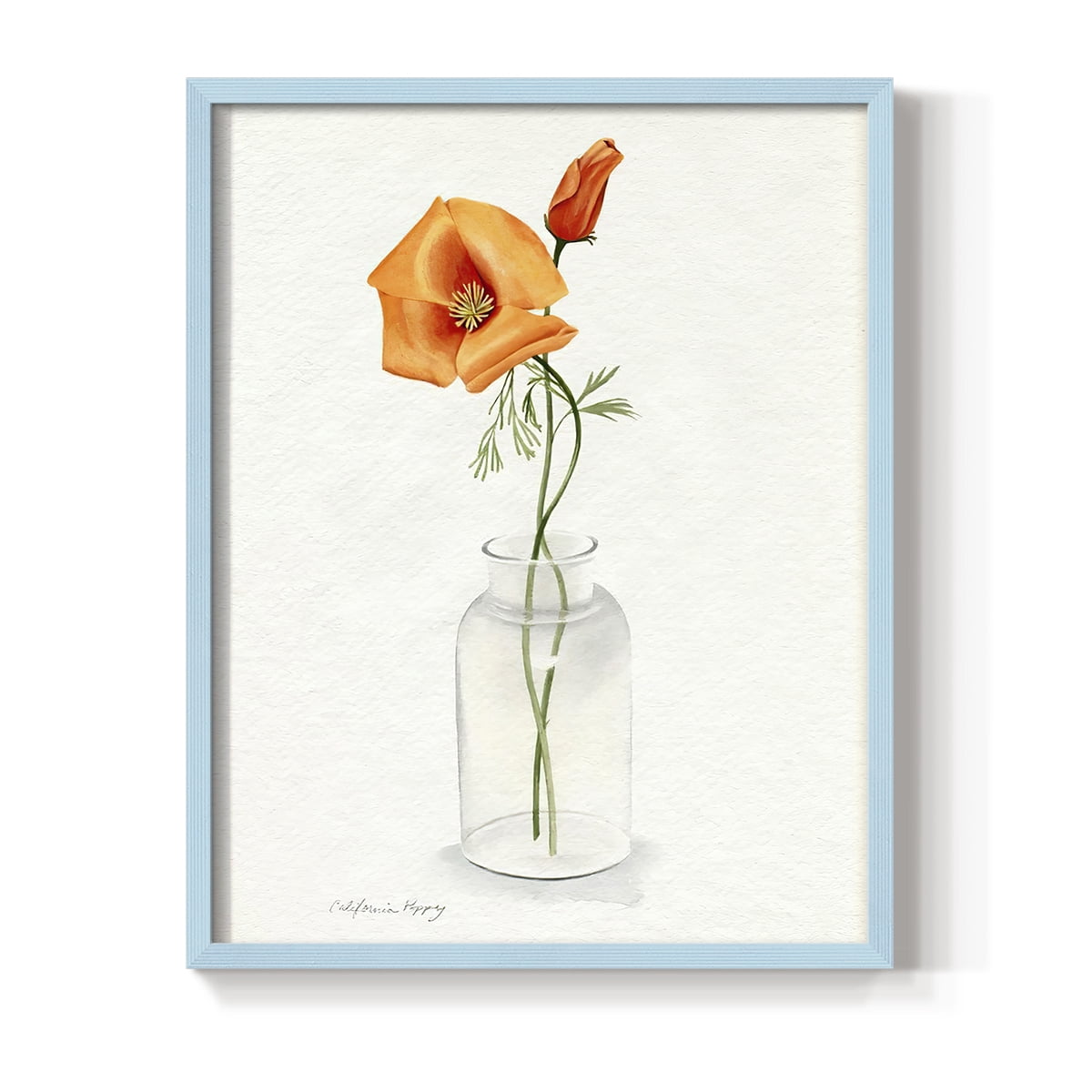 California Poppy Vase I Framed Print in Blue Solid Wood Framed Print No Nail Hanging