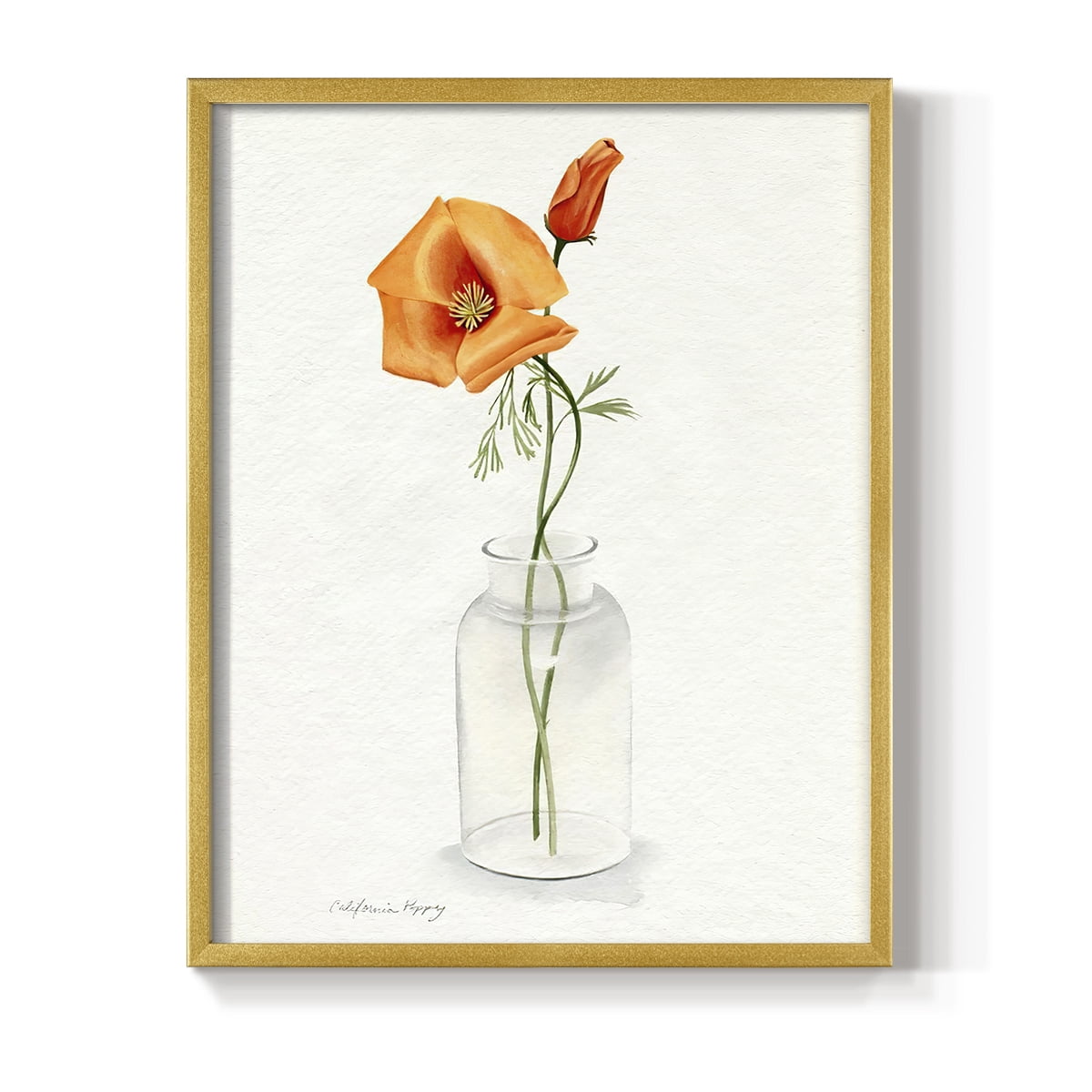 California Poppy Vase I Framed Print in Gold Solid Wood Framed Print No Nail Hanging
