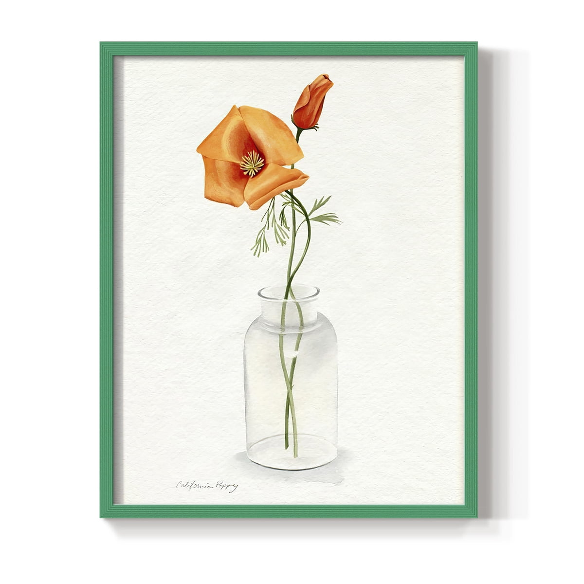 California Poppy Vase I Framed Print in Green Solid Wood Framed Print No Nail Hanging