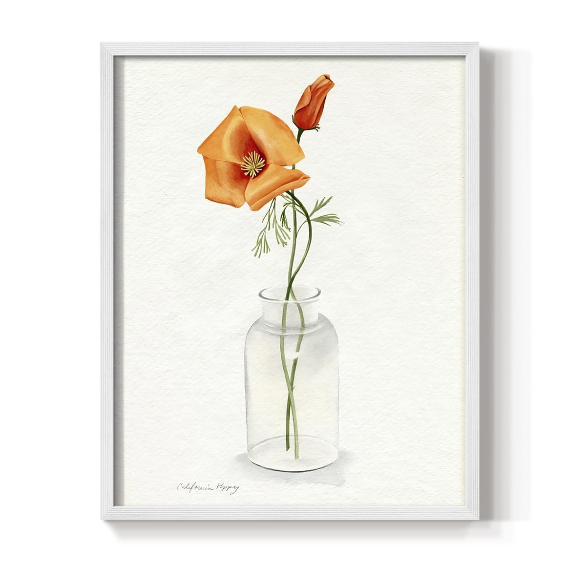 California Poppy Vase I Framed Print in White Solid Wood Framed Print No Nail Hanging