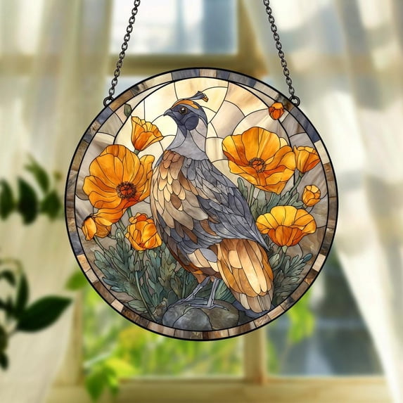 California Quail Glass Suncatcher, Poppy Flower Round Window Hanging, Bird Lover Nature, 7.9 in