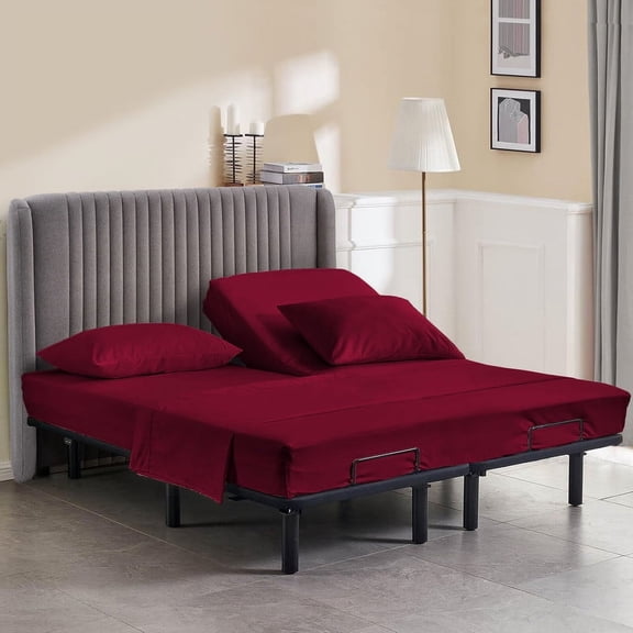 California Queen Size 28" Split Top Flex Head Sheet Set - 100% Egyptian Cotton, 600 Thread Count, Adjustable Bed, 4-Piece Set, 15" Deep Pockets Color Burgundy Solid