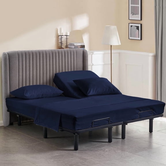 California Queen Size 32" Split Top Flex Head Sheet Set - 100% Egyptian Cotton, 600 Thread Count, Adjustable Bed, 4-Piece Set, 15" Deep Pockets Color Navy-Blue Solid