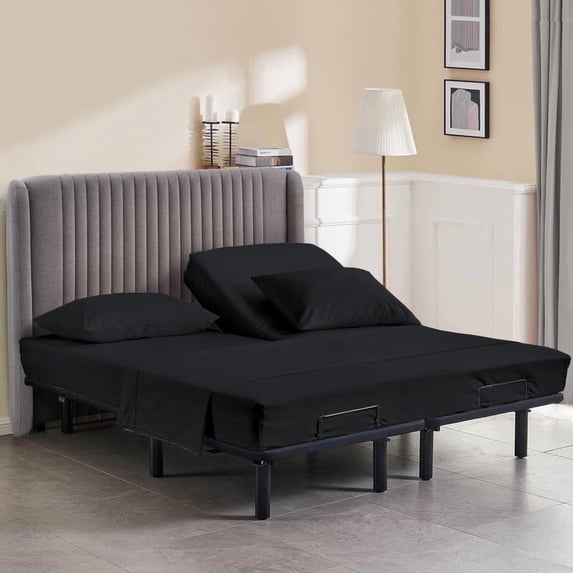 California Queen Size 32" Split Top Flex Head Sheet Set - 100% Microfiber, Adjustable Bed, 4-Piece Set, 15" Deep Pockets Color Black Solid