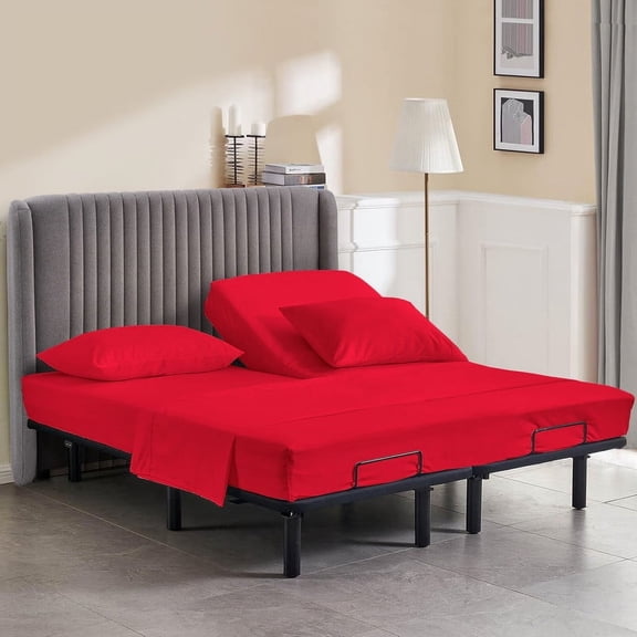 California Queen Size 39" Split Top Flex Head Sheet Set - 100% Egyptian Cotton, 600 Thread Count, Adjustable Bed, 4-Piece Set, 15" Deep Pockets Color Red Solid