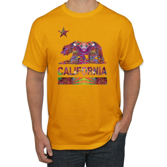 California Republic Bear Logo Retro Mandala Mosaic Animal Lover Men's Graphic T-Shirt, Gold, Medium