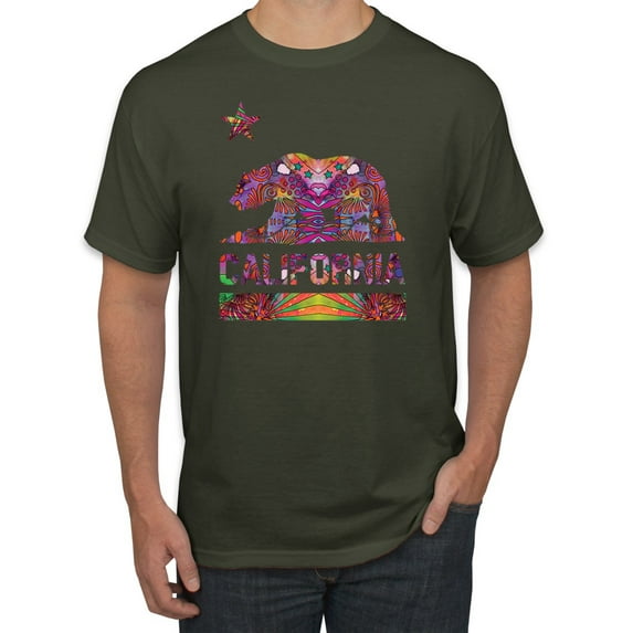 California Republic Bear Logo Retro Mandala Mosaic Animal Lover Men's Graphic T-Shirt, Military Green, 3XL