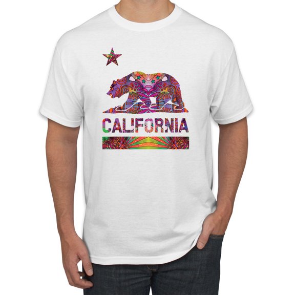 California Republic Bear Logo Retro Mandala Mosaic Animal Lover Men's Graphic T-Shirt, White, Medium