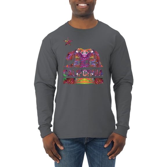 California Republic Bear Logo Retro Mandala Mosaic Animal Lover Mens Long Sleeve Shirt, Charcoal, 3XL