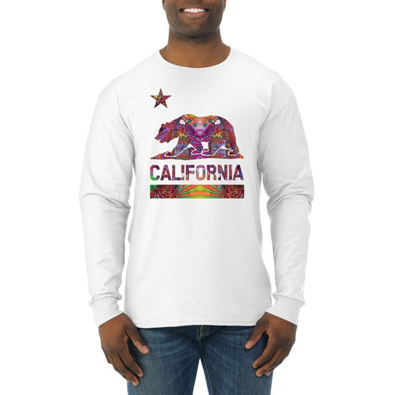 California Republic Bear Logo Retro Mandala Mosaic Animal Lover Mens Long Sleeve Shirt, White, Medium