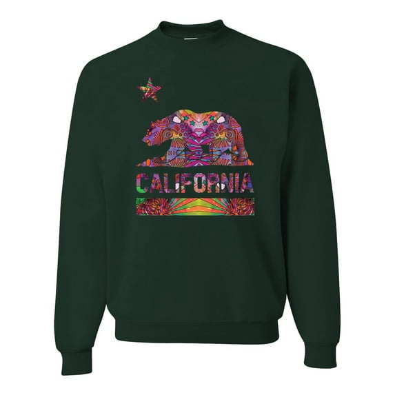 California Republic Bear Logo Retro Mandala Mosaic Animal Lover Unisex Crewneck Graphic Sweatshirt, Forest Green, Large