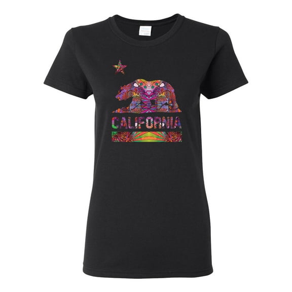 California Republic Bear Logo Retro Mandala Mosaic Animal Lover Womens Graphic T-Shirt, Black, Small