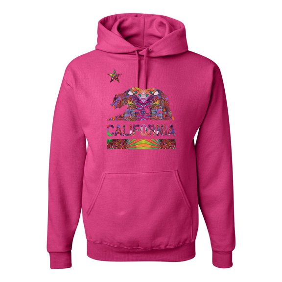 California Republic Bear Logo Retro Mandala Mosaic | Mens Fashion Hooded Sweatshirt Graphic Hoodie, Fuschia, Medium