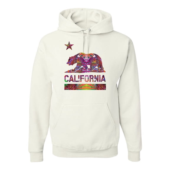 California Republic Bear Logo Retro Mandala Mosaic | Mens Fashion Hooded Sweatshirt Graphic Hoodie, White, Medium