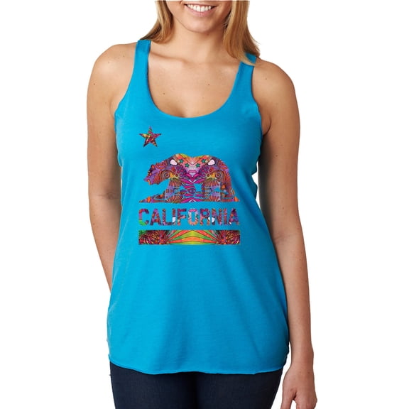 California Republic Bear Logo Retro Mandala Mosaic | Womens Fashion Premium Tri-Blend Racerback Tank Top, Vintage Turquoise, Small