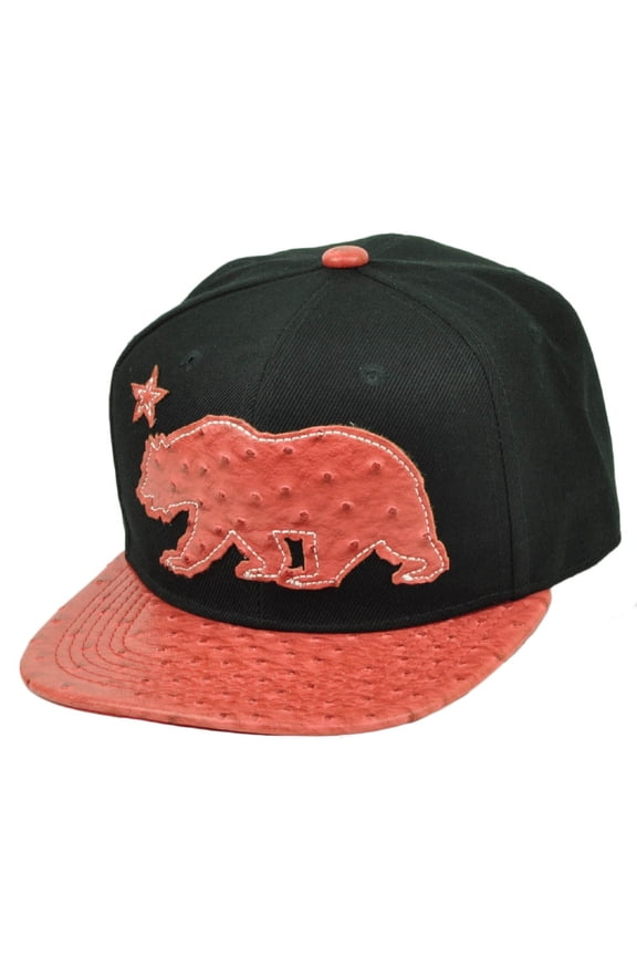 California Republic Cali Bear Flag Ostrich Flat Bill Snapback Black Red Hat Cap