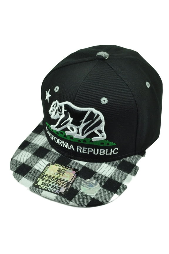 California Republic Cali Bear Flag Society Snapback Hat Cap Black White Plaid