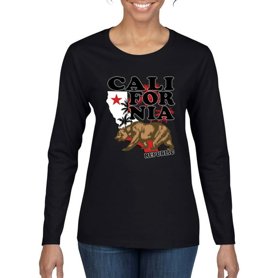 California Republic Cali Bear Pop Culture Womens Graphic Long Sleeve T-Shirt, Black, Small