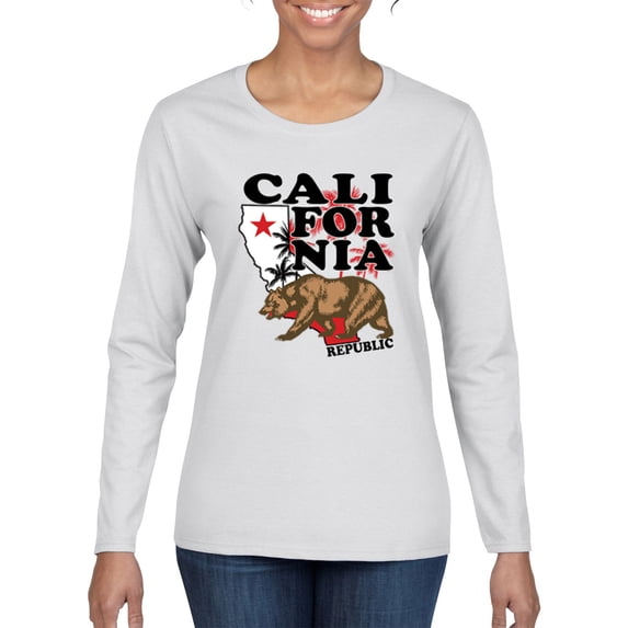 California Republic Cali Bear Pop Culture Womens Graphic Long Sleeve T-Shirt, White, Medium