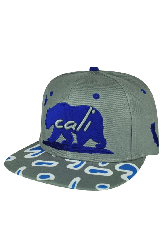 Republic Cali Blue Bear Printed Gray White Snapback Flat Bill Hat Cap