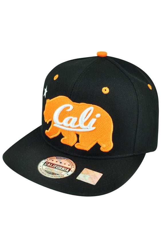 Republic Cali Orange Bear Logo Solid Black Snapback Flat Bill Hat Cap