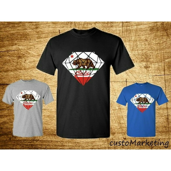 California Republic Diamond flag Printed T-shirt Bear Tee Color Blue Large