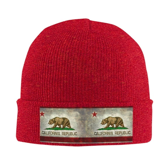 California Republic Flag Winter Beanie Hats for Men Women Warm Cozy Knitted Cuffed Skull Cap Red