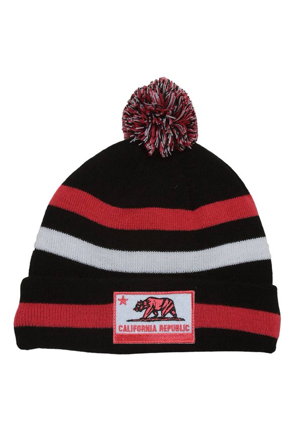 fornia Republic Patch Striped Beanie w/ Pom - Black/Raspberry Pink/White