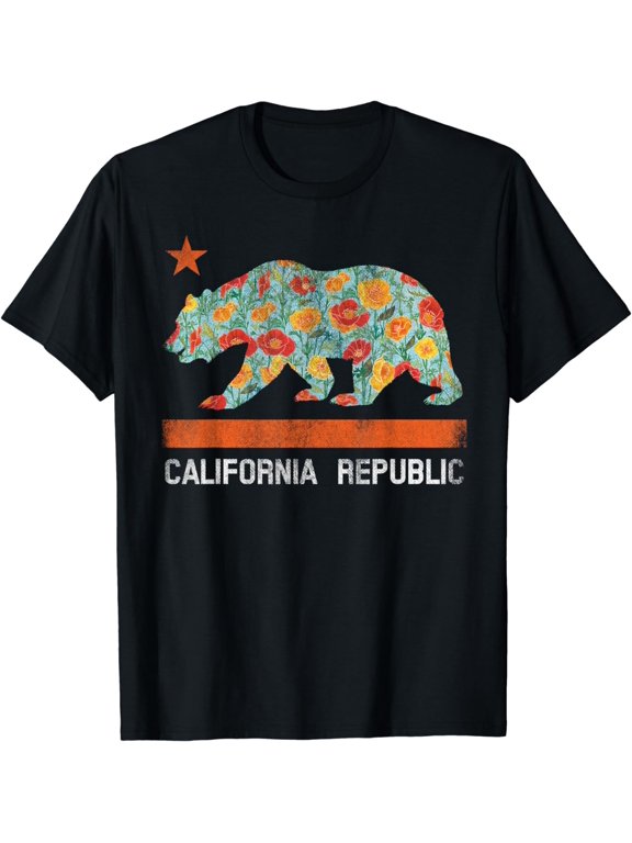 California Republic State Bear Star Poppy Flower LA Cali Tee T-Shirt