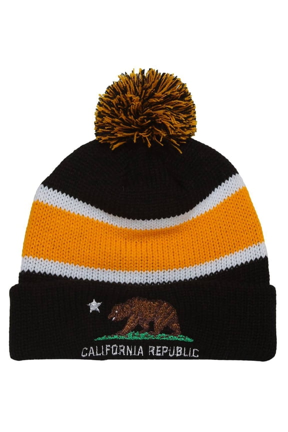 fornia Republic Striped Beanie w/ Pom - Black/Yellow