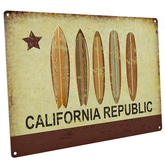California Republic Surf 9"x12" Metal Sign, Wall Decor for Beach House or Coastal Home