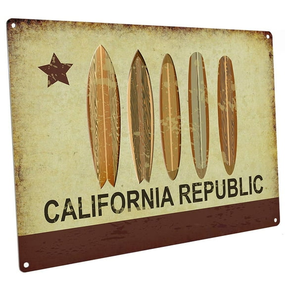California Republic Surf 9"x12" Metal Sign, Wall Decor for Beach House or Coastal Home