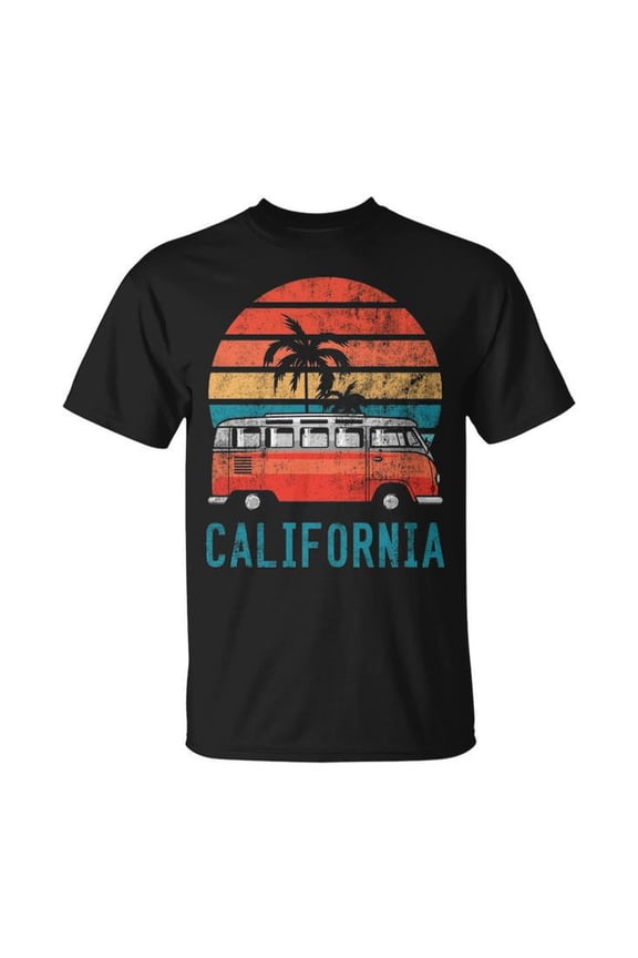 California Retro Surf Bus Vintage Van Tee Unisex Adult Cotton T-Shirt with Surfer and Surfing Graphic Comfortable Casual Gift for Beach and Surf Enthusiasts, Size S, Color Black