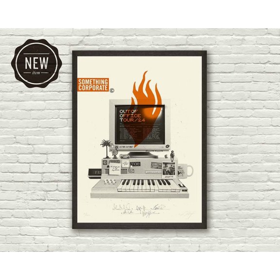 California Rock Concert Tour Keyboard Computer Fire Lithograph Mid-Century Modern Wall Art, Unframed Poster
