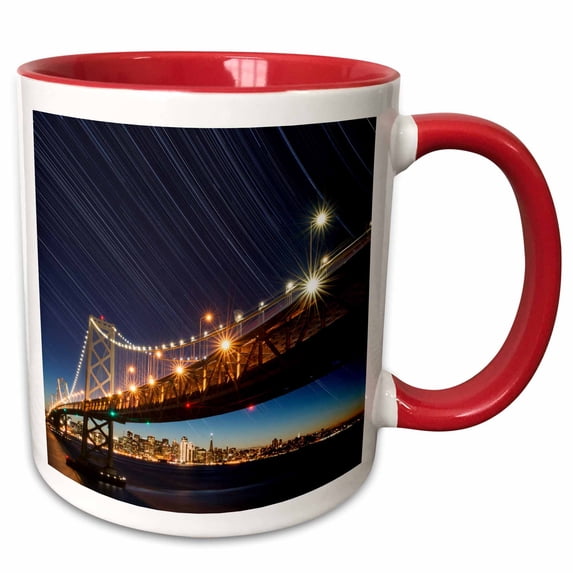 3drose, California, San Francisco. Composite of Star Trails Above Bay Bridge., 11oz Two-tone Red Mug