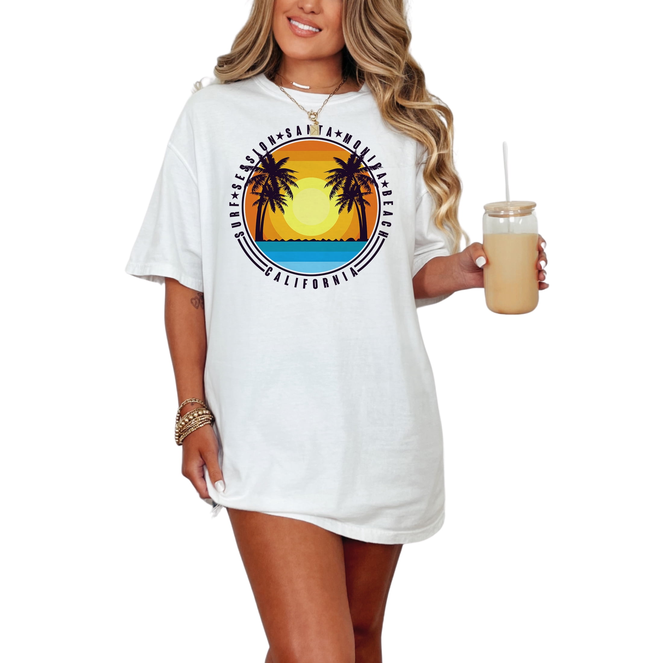 California Santa Monica Beach Surf Session, White Comfort Colors T-Shirt, Large