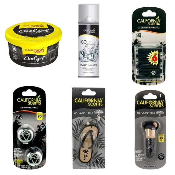 California Scents Best Car Air Freshener Combo Kit: Hanging Vial Necklace, Cool Gel, Vent Sticks, Vent Clip, Car Fogger, Sandal Hanging Car Air Freshener - Ice Scent - Automotive Air Fresheners