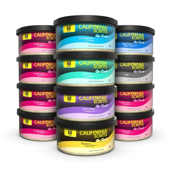 California Scents Can Air Freshener and Odor Neutralizer, Set of 12 Spillproof Cans for Home and Car, Stocking Stuffers, Assorted Scents, 1.5 Oz Each (Packaging May Vary)