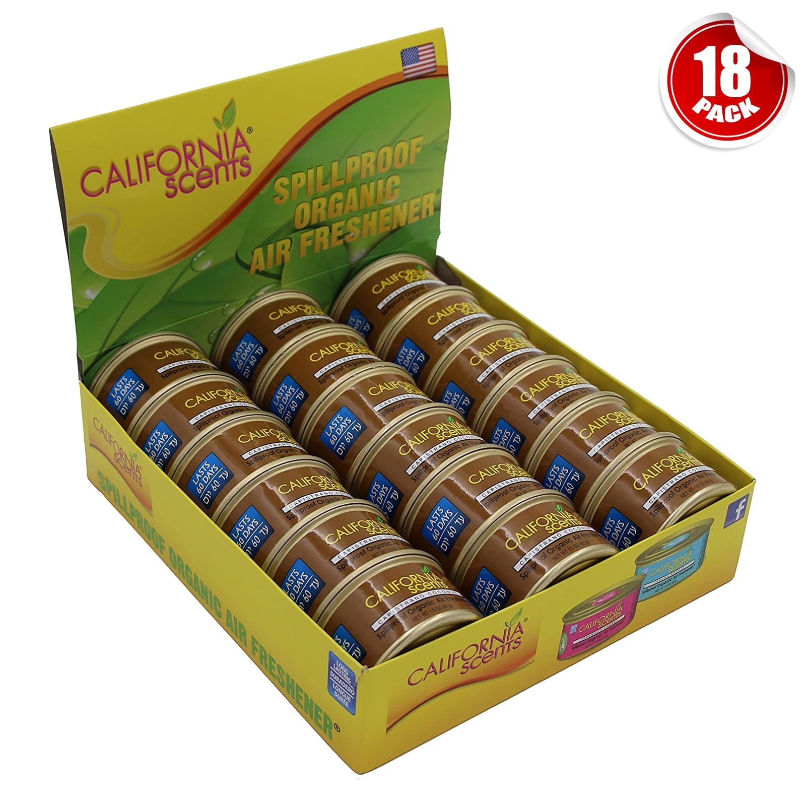 California Scents Car Air Freshener Capistrano Coconut Organic Spill Proof Can (18-Pack)