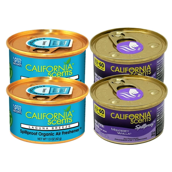 California Scents Spillproof Can Air Freshener in Monterey Vanilla +  Laguna Breeze Scents: Best Car Air Freshener and Odor Eliminator, Combo Kit, 4 Packs