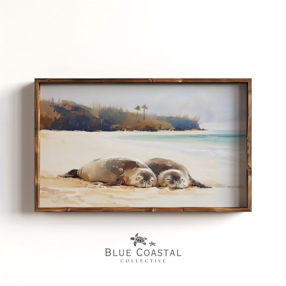 California Seals Art Two Sleeping Harbor Pair Rocky Headland Palm Teal Ocean Coastal Bedroom Wall Decor Tropical Bathroom Warm Sand, Unframed Paper Print